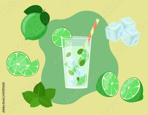 Mojito in glass isolated. Lime slices in cut. Ingredients of fresh summer drink. Vector illustration