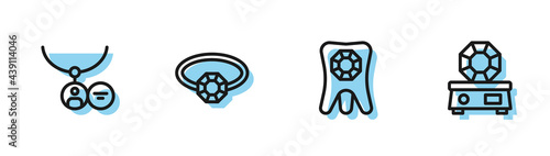 Set line Tooth with diamond, Locket necklace, Diamond engagement ring and Gem stone icon. Vector