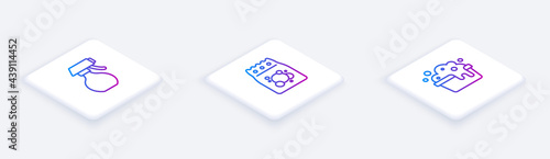 Set Isometric line Water spray bottle, Laundry detergent and Basin with soap suds. White square button. Vector