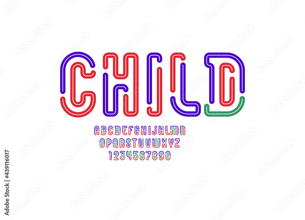 Alphabet with gap, multi colored digital font, futuristic letters and numbers, vector illustration 10EPS