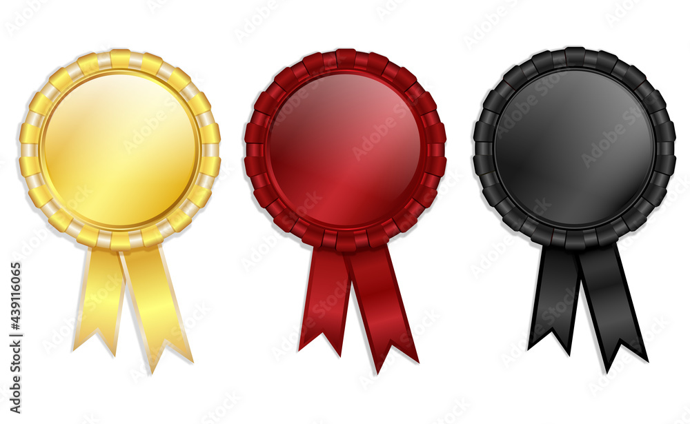 Three medals. Gold, red, black with ribbons.