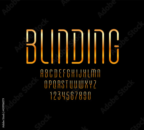 Font from gold thin line, trendy minimal golden alphabet, modern metalic condensed letters and numbers, vector illustration 10EPS