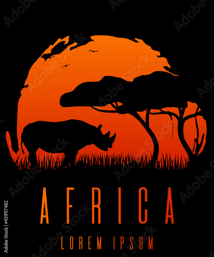 African Landscape at Sunset with Rhino Silhouette Copy Space