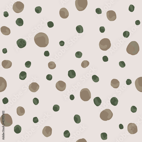 Fabric pattern, bed linen material, polka dot fabric, pastel colors, seamless raster texture, polka dot watercolor background. Beige, green, natural tone