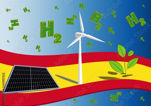 España a la vanguardia de las energías renovables, fotovoltaica, eólica y biomasa generadoras de H2 o hidrógeno verde. Placas solares, aerogenerador y planta energías sostenibles en España