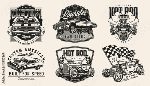 Retro custom cars vintage monochrome emblems