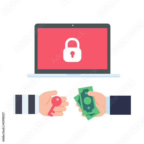 Computer with red screen. The concept of ransom computer virus infection from email