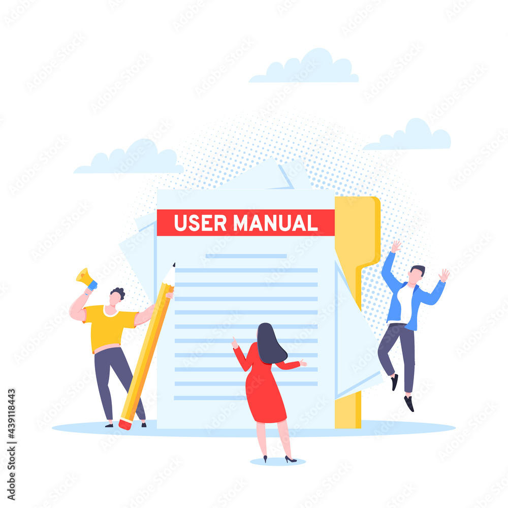 User manual guide book flat style design vector illustration. Tiny people and giant pencil working together with guide book. Specifications user guidance document. User manual guide book flat style design vector illustration. Tiny people and giant pencil working together with guide book. Specifications user guidance document.