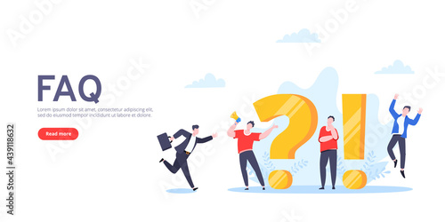 Q and A or FAQ concept with tiny people characters, big question and exclamation mark, frequently asked questions template. Answers business support concept flat style design vector illustration.