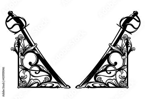 antique style page corner decor element with plant leaves and sabre sword hilt - black and white vector outline graphic set