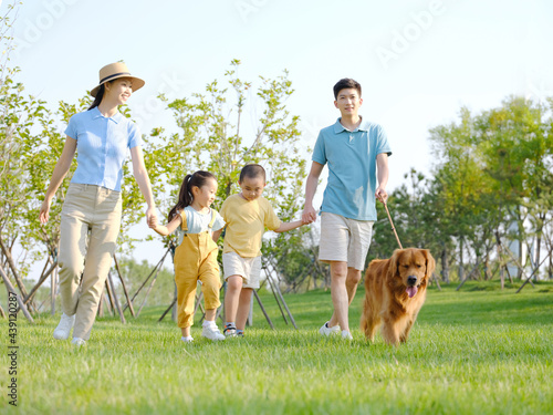 Happy family of four walking dogs in the park