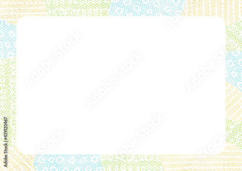 Colourful patterned frame / White blank / Blue / Green / Yellow / Coloured pencils / Vector      カラフルな色鉛筆のフレーム