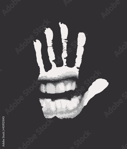 Vector banner with a handprint with a human mouth on the palm, isolated on a black background. Black and white abstract illustration with an evil grin and a hand print in retro style