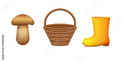 Mushroom picker set. Mushroom, wicker basket, yellow rubber boots. Vector illustration isolated on white background.