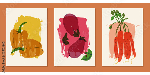 Vintage illustrations of vegetables. Set of three posters for menu design, restaurant decor, grocery stores, social media. Minimalistic backgrounds with blots of paint, peppers, eggplants, carrots.