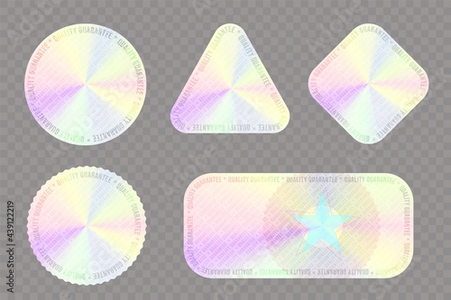 Holographic sticker for product quality guaranteed seal set. Genuine warranty hologram metallic rainbow for certificate and certification diploma vector illustration isolated on transparent background