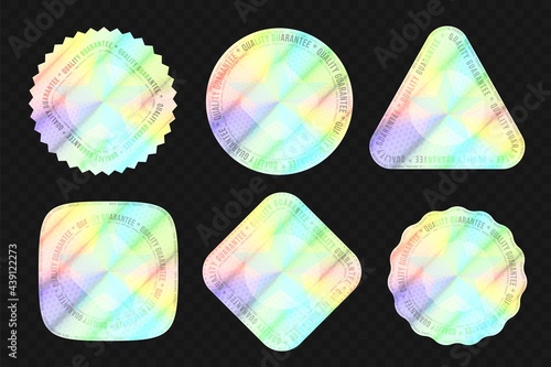Quality holographic sticker for authenticity seal on package. Set of high level product equivalent metallic gradient label for brand protection of different shape vector illustration isolated on dark