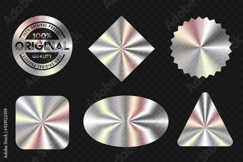 Realistic metallic sticker for product guarantee design set. Different shapes 100 percent original quality label or package authenticity seal for brand protection vector illustration