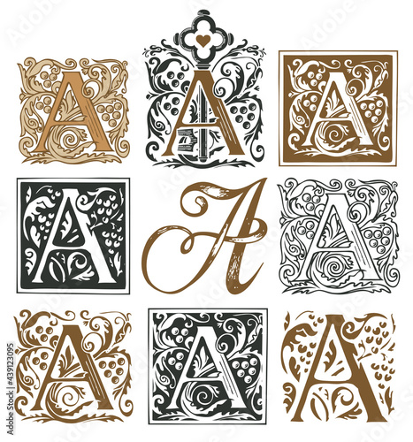 Initial letter A with vintage baroque ornamentation. Vector illustrations of uppercase letter A with decorations. Beautiful filigree capital letter to use for monogram, logo, emblem, card, invitation