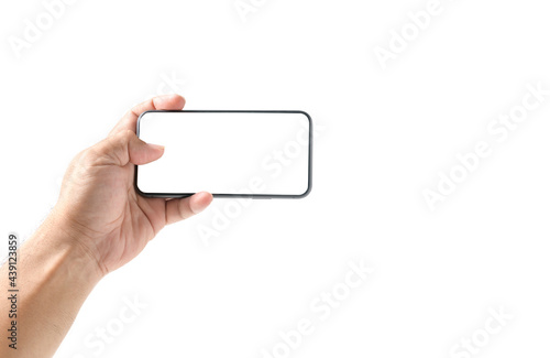 Man hand using smartphone with blank screen, isolated