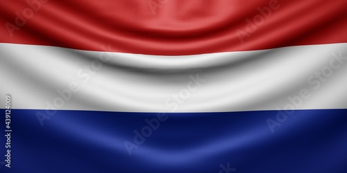 Foto Hanging wavy national flag of Netherlands with texture