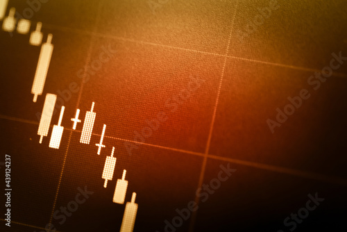 Candle stick graph chart with indicator: Cryptocurrencies graphs trading including of up and down trend with divergent reverse price pattern.