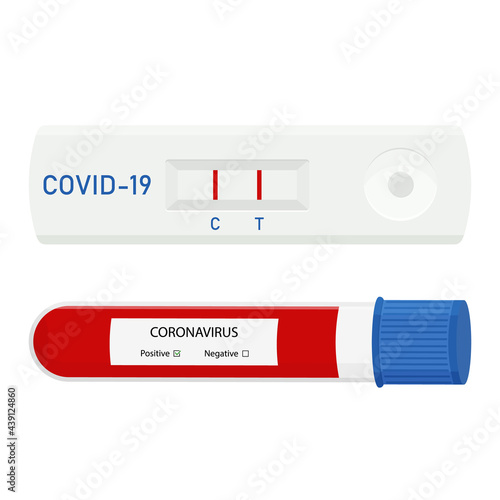 Express covid-19 test, Rapid covid-19 test and in vitro blood test tube. Laboratory research. Positive test result for coronavirus infection, flat style