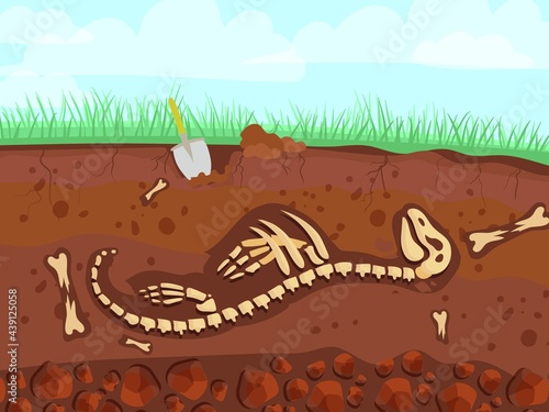 Dinosaur skeleton in cartoon style. The bones of a prehistoric animal underground. Archeology. Vector illustration isolated on white background.