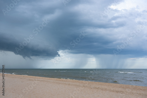 Fototapeta Naklejka Na Ścianę i Meble -  landscape of beach in moody day. storm and rain shower over the ocean