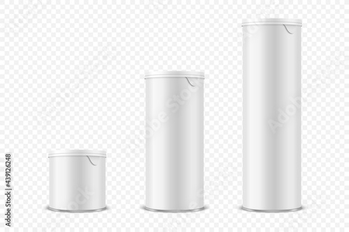 Vector 3d Realistic Blank Glossy White Metal Tin Can, Canned Food, Potato Chips Packaging With Lid Set Isolated On Transparent Background. Small, Medium, Big Size. Design Template, Mockup. Front View