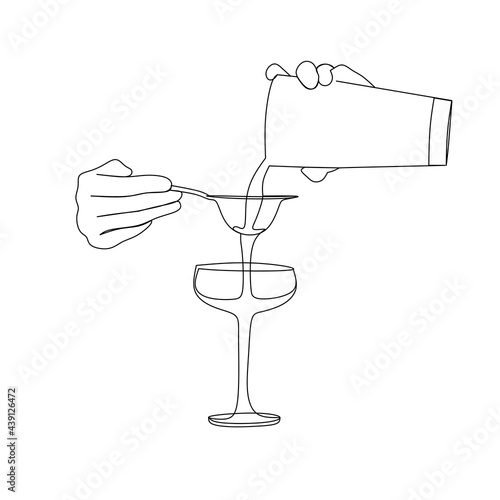 Continuous line of bartender pours alcohol from bottle into glass. Bartender's hand minimalist drawing. Vector