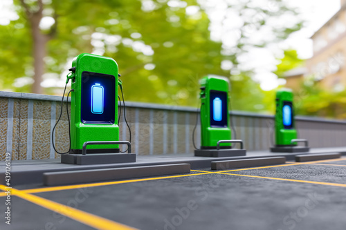 3d rendering of fast electric vehicle car chargers at EV Charging Station with urban park background, ready to serve future automotive and city life.