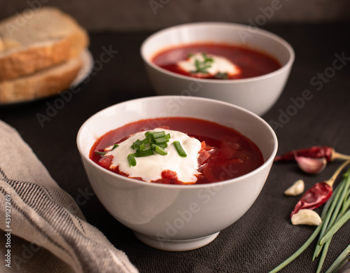 Ukrainian and Russian national soup. Red borsch. Beet soup