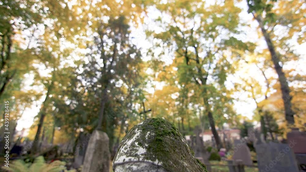 Maria statue in autumn at the Bernardine XIX century cemetery. Slow motion Maria statue in autumn at the Bernardine XIX century cemetery. Slow motion