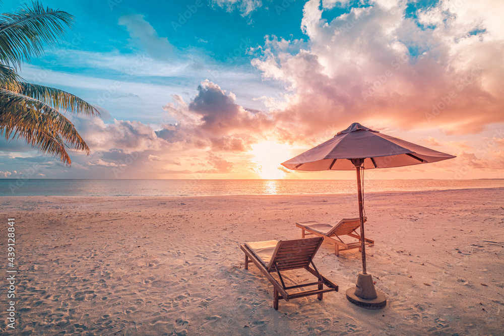 Amazing beach. Chairs on the sandy beach sea. Luxury summer holiday and vacation resort hotel for tourism. Inspirational tropical landscape. Tranquil scenery, relaxing beach, tropical landscape design