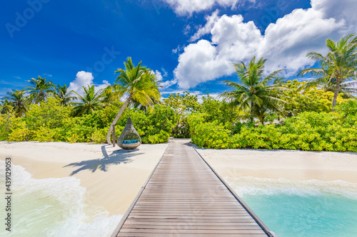 Fototapeta Naklejka Na Ścianę i Meble -  Luxury tropical beach landscape for background or wallpaper. Design of tourism for summer vacation holiday destination concept. Amazing island tourism destination. Tropical resort jetty in Maldives