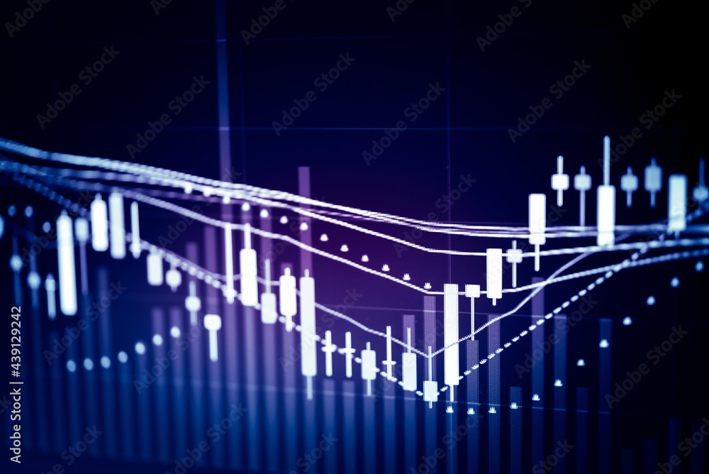 Naklejka premium Financial data of stock market in term of a digital prices on LED display. A number of daily market price and quotation of prices chart to represent candle stick tracking in Forex trading. 