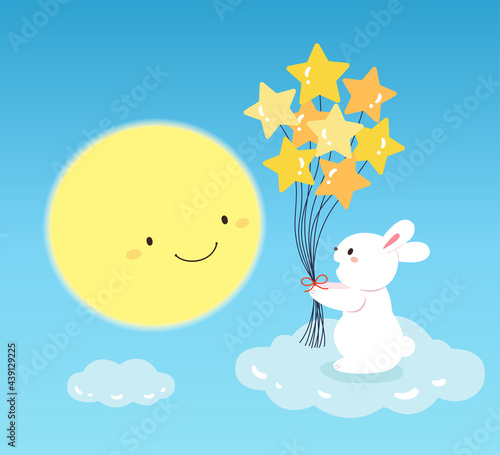 In the sky, rabbits stand on the clouds and send balloons in the shape of stars. The moon is very happy