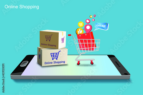 sales concept online shopping Online shopping business via the Internet, smartphones, laptops and computers. Vector illustration.