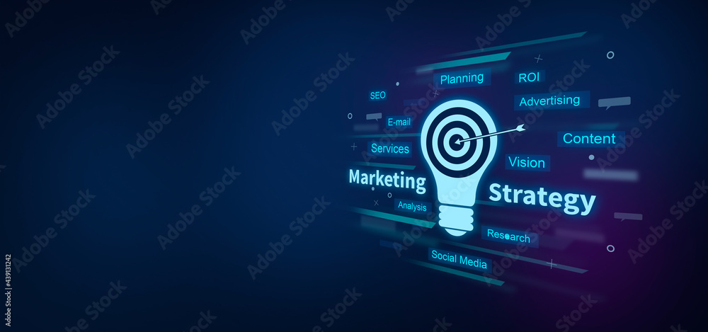 Marketing Strategy text on digital blue background. with dart icon. Marketing Strategy concept.