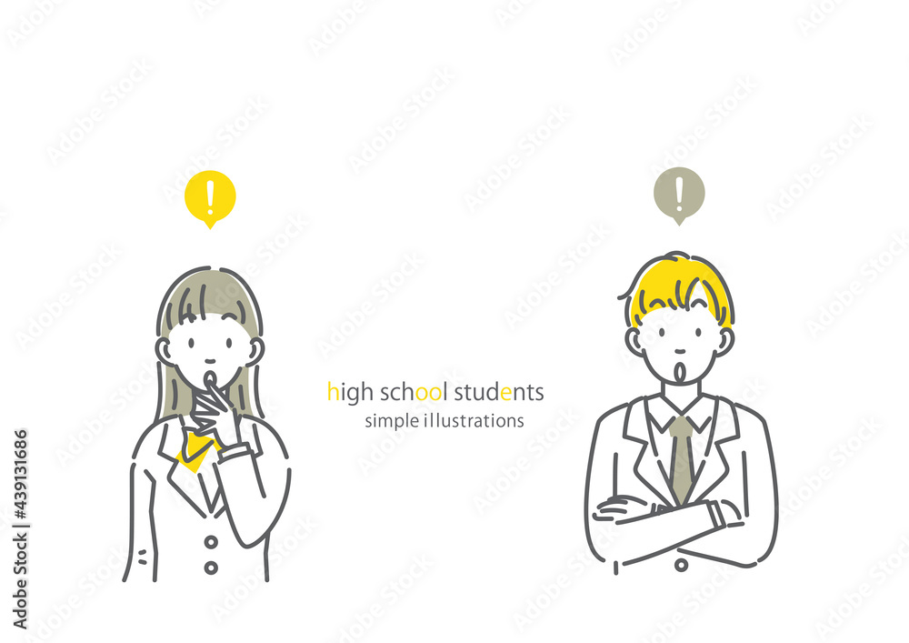 ブレザーの高校生のシンプルでお洒落な線画イラスト　男女セット