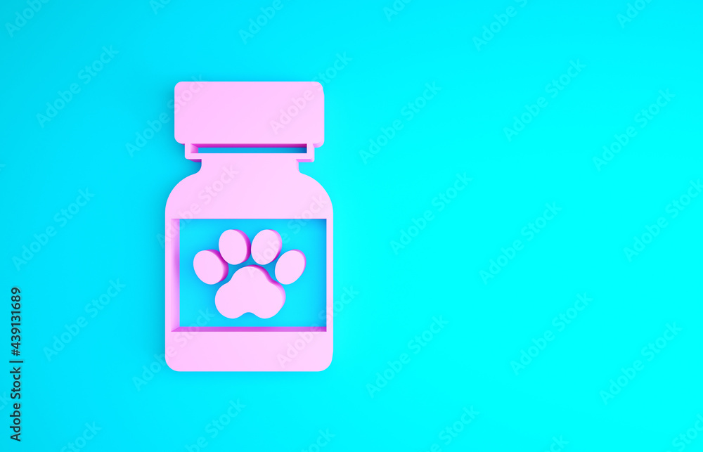 Pink Medicine bottle and pills icon isolated on blue background. Container with pills. Prescription medicine for animal. Minimalism concept. 3d illustration 3D render Pink Medicine bottle and pills icon isolated on blue background. Container with pills. Prescription medicine for animal. Minimalism concept. 3d illustration 3D render