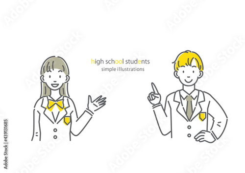 案内するジェスチャーのの高校生のシンプルでお洒落な線画イラスト 男女セット