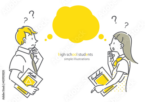 向かう合う夏服の高校生のシンプルでお洒落な線画イラスト　ふきだし付き　男女セット