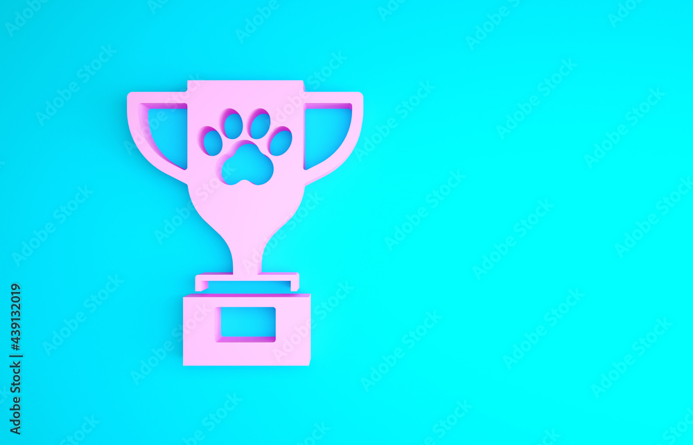 Pink Pet award symbol icon isolated on blue background. Medal with dog footprint as pets exhibition winner concept. Minimalism concept. 3d illustration 3D render Pink Pet award symbol icon isolated on blue background. Medal with dog footprint as pets exhibition winner concept. Minimalism concept. 3d illustration 3D render