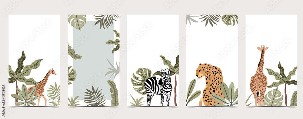Safari background for social media with giraffe,leopard;zebra - obrazy, fototapety, plakaty 