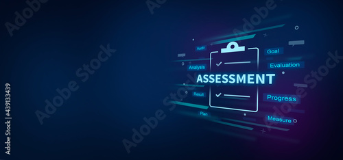 Assessment text with clipboard icon on digital blue background. Assessment concept