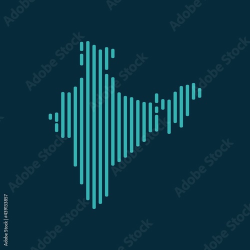 Vector abstract map of India with blue straight rounded lines isolated on a indigo background.