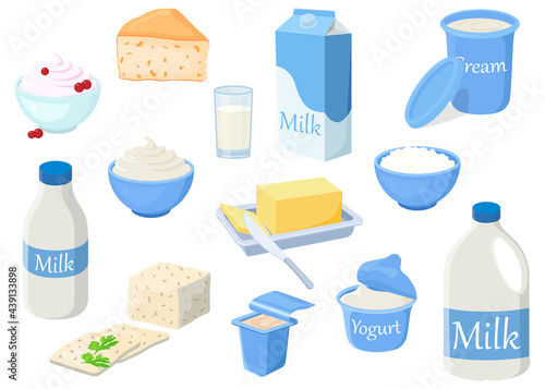 A set of dairy products.Illustrations of milk, cottage cheese, butter, sour cream, cream, cheese and yogurt.Illustrations in a hand-drawn style.Fresh farm products.