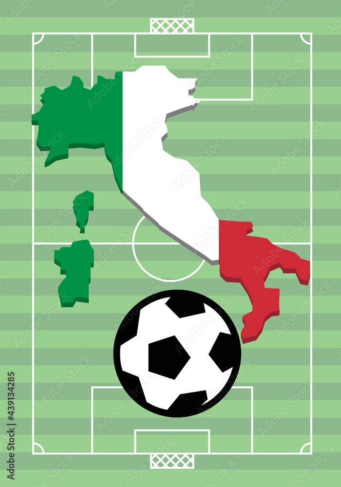 Italia metiendo gol. Mapa de Italia con su bandera lanzando el balón y metiendo gol a la portería del contrario en un campo de futbol - obrazy, fototapety, plakaty 